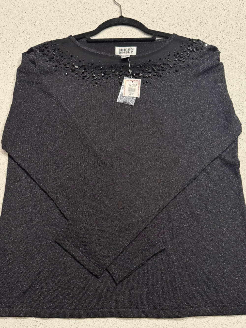 Chico's Design Black Beaded Sparkle Long-Sleeve Top S2